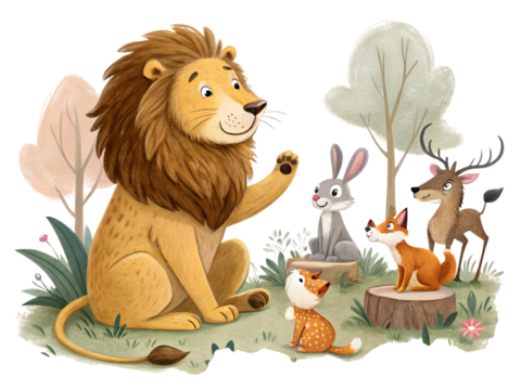 Friendly lion greets cute forest animals in a whimsical woodland scene,isolated on white background