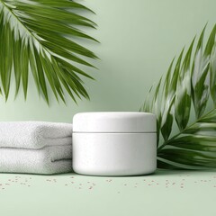 White cosmetic jar on a light mint green surface, surrounded by palm leaves and towels