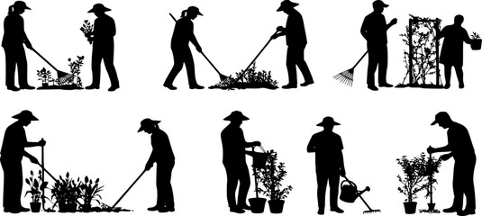Set of black silhouettes of gardeners working in garden.
