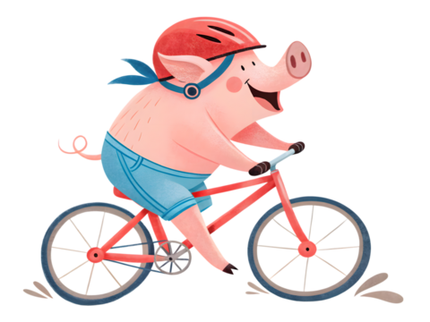Happy pig enjoying bicycle ride, wearing helmet and shorts, perfect for children's design projects,isolated on white background