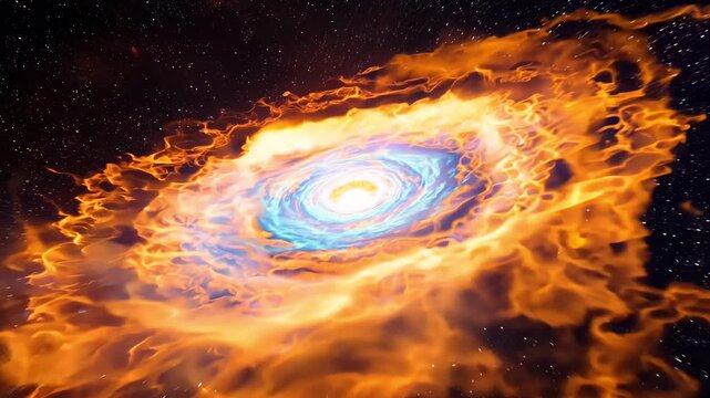A 4K animation of flying glowing cosmic tunnel. Orange blue nebula clouds curve river of light, shimmering star particles flowing liquid energy. perspective stretch cinematic star travel, smooth