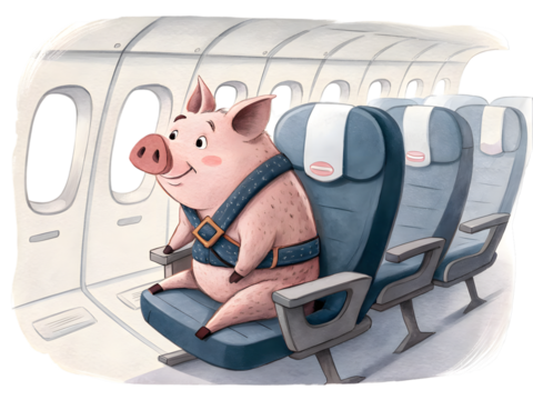 Happy cartoon pig safely buckled up on airplane, ready for travel adventure with smile,isolated on white background