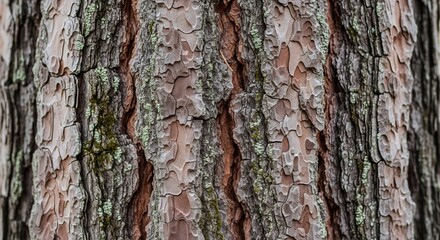 Obraz premium Closeup of textured pine tree bark with deep crevices and moss