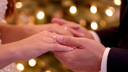 A couple holding hands showing a diamond engagement ring. A romantic proposal moment. Love and commitment concept with bokeh lights.