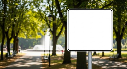 Customizable White Sign in Serene Summer Park, Dappled Sunlight, Green Trees, Blurred Fountain