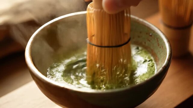 Close-up of preparing Japanese matcha tea with a bamboo whisk. Whisking green tea powder and hot water in a ceramic bowl. Traditional tea ceremony and wellness concept.