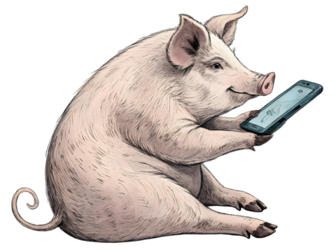 Curious pig using a smartphone, modern illustration with a playful, humorous concept,isolated on white background
