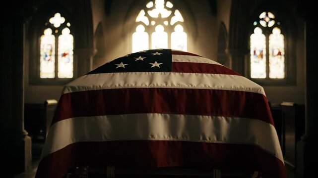 A coffin draped with an American flag in an empty church. Military funeral honoring a fallen soldier's sacrifice. Solemn tribute and remembrance concept.