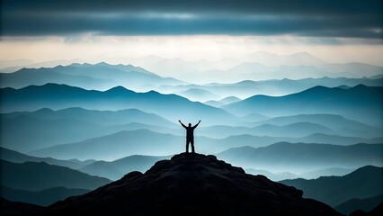 Silhouette of a person celebrating on a mountain top overlooking vast mountain ranges.