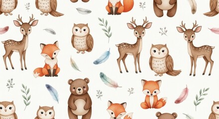 Charming woodland creatures pattern featuring deer foxes owls and bears adorable wildlife design