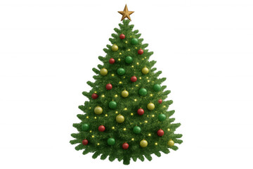 Fototapeta premium Christmas tree with star topper and festive ornaments, creating a holiday atmosphere on a transparent background