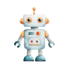 Watercolor robot illustration with orange and blue color scheme features cute retro design and big eyes on transparency background, evoking playful and friendly emotion