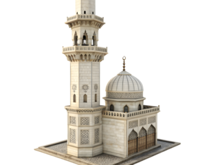 Stunning detailed mosque architecture with intricate carvings and a beautiful dome design,isolated on white background