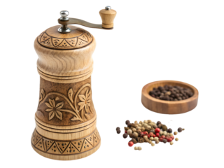 Wooden pepper grinder with fresh peppercorns, perfect for culinary projects and food blogs,isolated on white background
