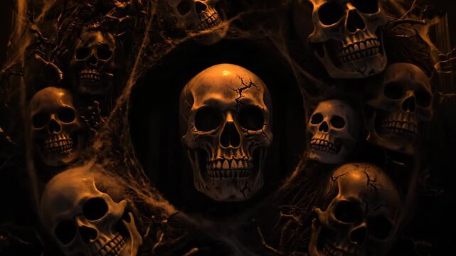 Spooky Halloween wreath with skulls on a dark front door at night. Slow zoom into a creepy horror decoration covered in spiderwebs. Scary holiday concept. - Powered by Adobe