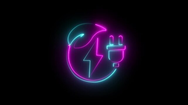 Animated neon green icon representing renewable energy sources with a leaf lightning bolt and electrica Motion ball with glowing green neon line.4k Car Market Line Icon