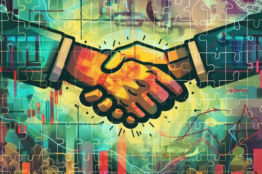 A stylized handshake, depicted in vibrant colors, is centrally positioned against a backdrop of fragmented puzzle pieces overlaid with financial charts and currency