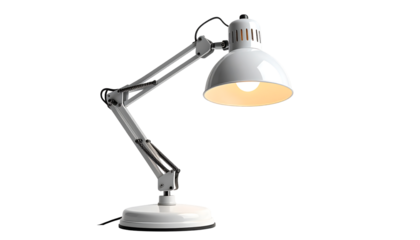 A white metal desk lamp with a gooseneck arm, adjustable shade, and round base; illuminated