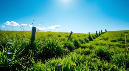 緑の牧草地と青い空の下での農村風景