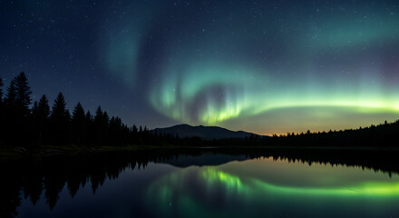 Aurora Borealis Over Tranquil Lake: Neon-green Lights Reflected in Calm Waters