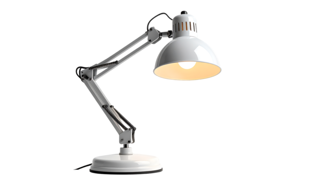 A white metal desk lamp with a gooseneck arm, adjustable shade, and round base; illuminated