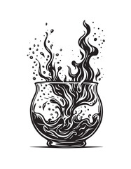 Black ink illustration of a bubbling cauldron with flames and splashes on a white background witch magic