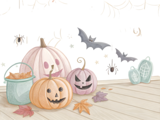 Whimsical Halloween pumpkins, bats, and spiders create a spooky autumn scene perfect for festive projects,isolated on white background