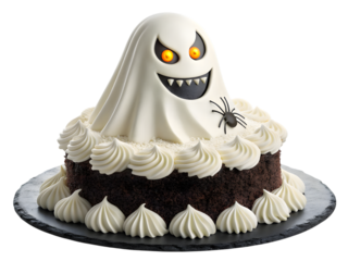 Spooky Halloween cake with ghost and spider decorations, perfect for parties and events,isolated on white background