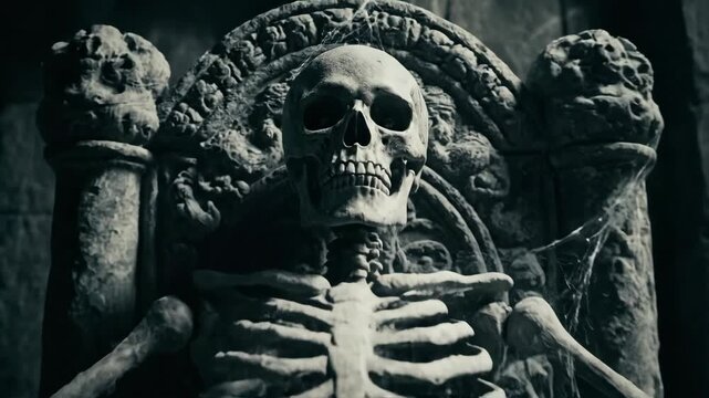 An undead skeleton king awakens on a dark throne. Cinematic animation of a skull with glowing eyes in a gothic dungeon. Dark fantasy and horror concept.