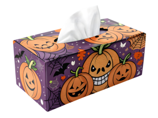Spooky Halloween tissue box featuring jack-o'-lanterns, spiders, and bats for festive decor,isolated on white background