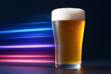 Cold beer glass with foam head on dark surface illuminated by colorful light streaks in motion, creating a vibrant nightlife drink concept. Ai generative