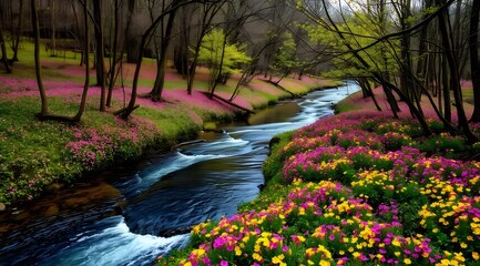 Vivid Stream with Pink and Yellow Flowers in