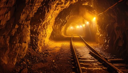 Naklejka premium A dimly lit mine tunnel curves gently into the distance, illuminated by lights mounted on the walls, revealing rough-hewn rock and a railway track running its center