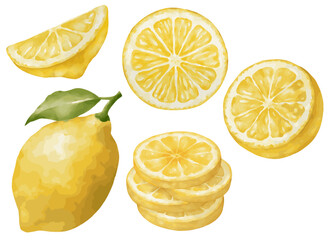 An vector illustration of a lemon, a half-cut lemon and lemon slices in stack, glowing in bright yellow tones with soft textures, capturing freshness and simplicity in delicate brushstrokes.