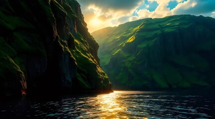 緑の崖の多い山々の日没時の水面反射