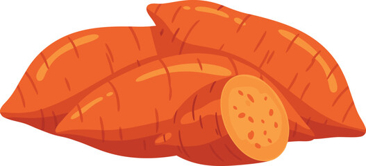 A group of whole sweet potatoes with an orange interior, perfect for food packaging, healthy eating themes, farming, nutrition visuals, and harvest illustrations