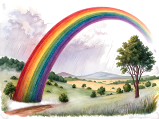 Vibrant rainbow arching over green fields and trees, a symbol of hope and joy,isolated on white background