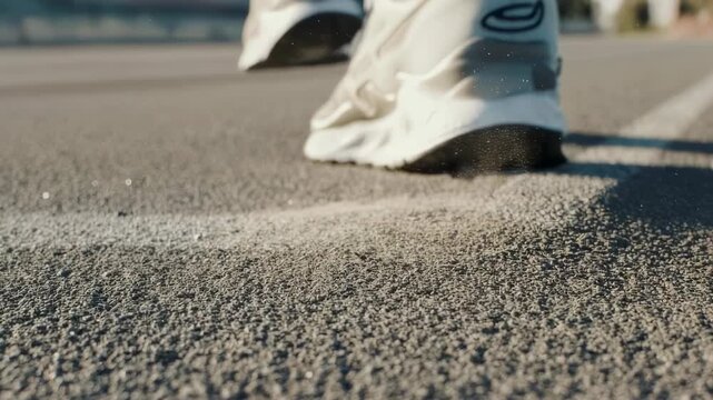 Man's running shoe sole impact with dust kicking up on asphalt. Close up of athletic footwear in motion for sport and exercise footage.