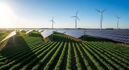 Wind turbines and solar panels power an agricultural farm on a bright day.