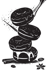 Stack of three donuts with glaze and sprinkles on a white background with cinnamon sticks , donuts, doughnut, stack, glaze, icing, sprinkles, sweet, dessert, pastry, baked goods, food