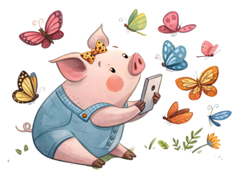 Cute piglet using smartphone surrounded by colorful butterflies in a whimsical garden scene,isolated on white background