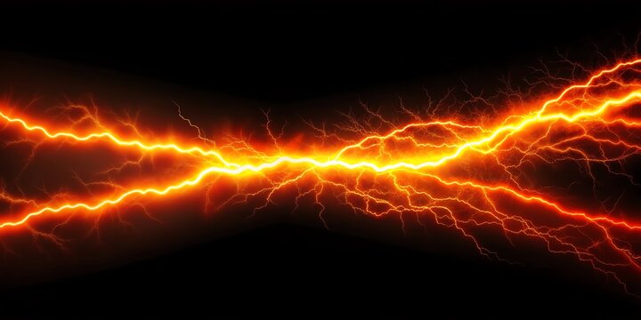 Bright orange lightning bolts crackling across a dark background - Powered by Adobe
