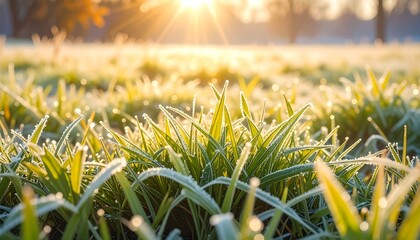 Frost crystals adorn lush blades of green grass
