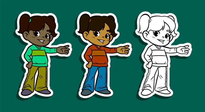 Girl with pigtails pointing sideways sticker illustration