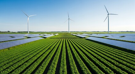 Three windmills and arrays of solar panels coexist above rows of green crops.