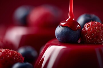 Close-up of a vibrant red dessert topped with fresh blueberries, strawberries, and glossy red sauce for a tempting presentation.