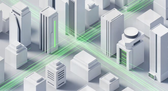 Abstract futuristic cityscape with glowing green data streams connecting modern buildings, representing smart city technology and digital connectivity in a clean, minimalist style - Powered by Adobe