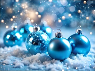 Blue christmas ornaments on snow, a serene and festive decoration for the winter holiday season