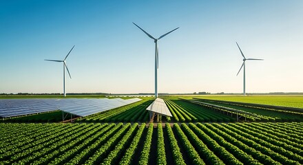 Wind turbines and solar panels stand tall over rows of lush crops on farmland.