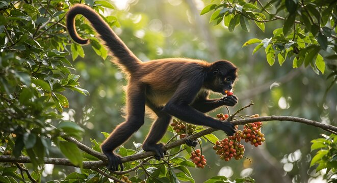 Spider Monkey Feeding on Berries in Lush Tropical Rainforest Canopy